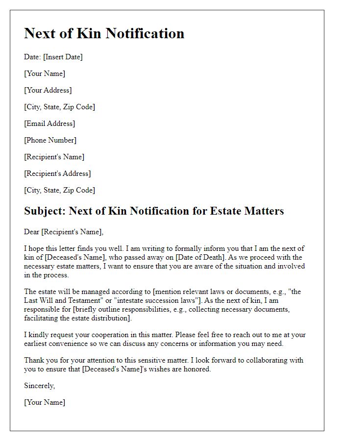 Letter template of next of kin notification for estate matters