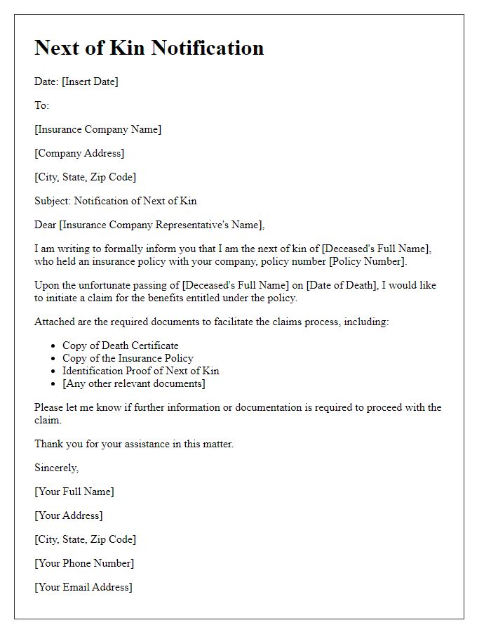 Letter template of next of kin notification for insurance claims