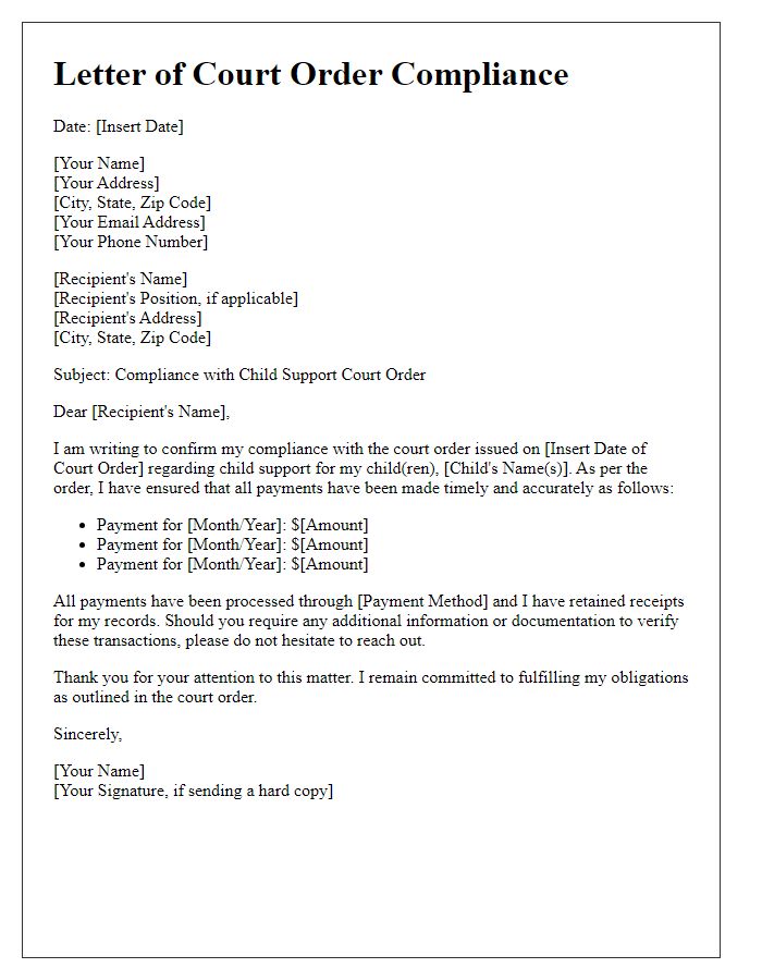 Letter template of court order compliance for child support.