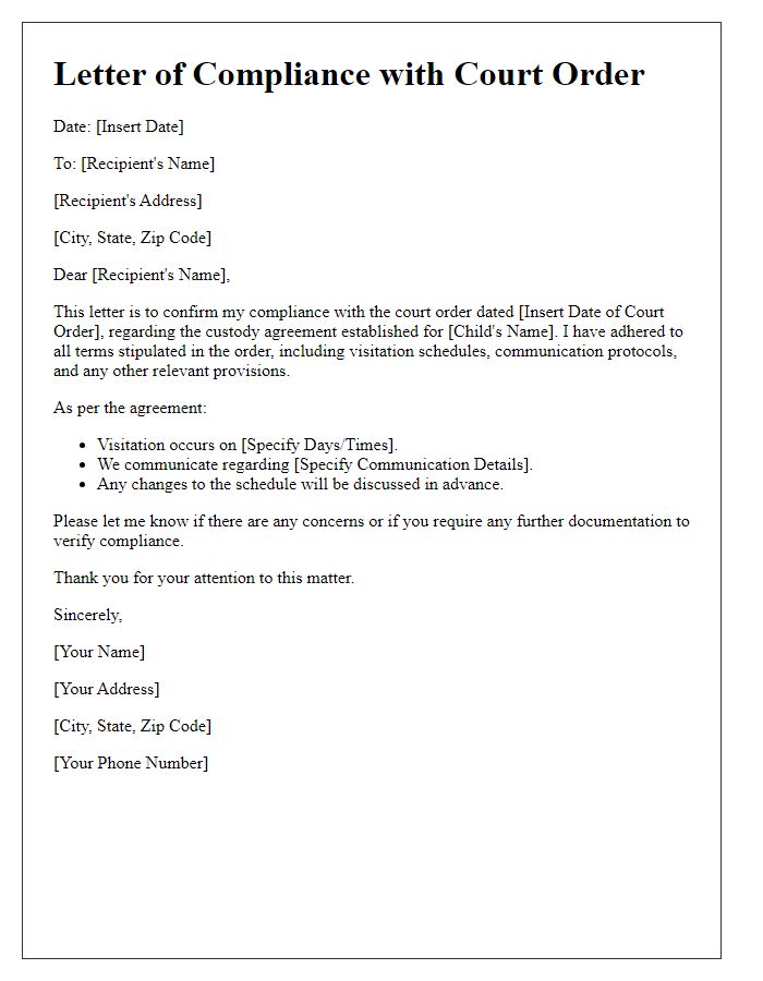 Letter template of court order compliance for custody agreement.