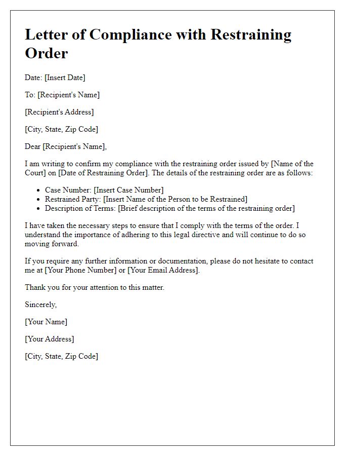 Letter template of court order compliance for restraining order.