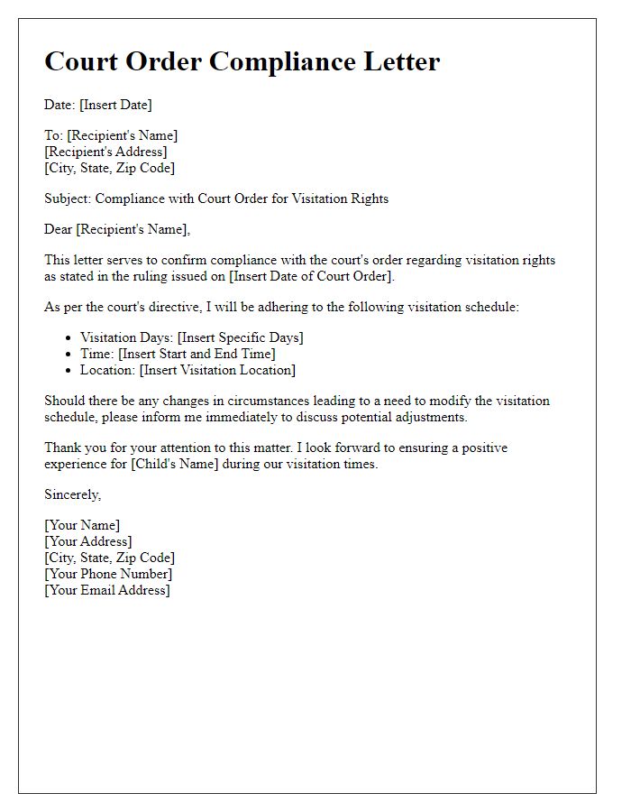 Letter template of court order compliance for visitation rights.