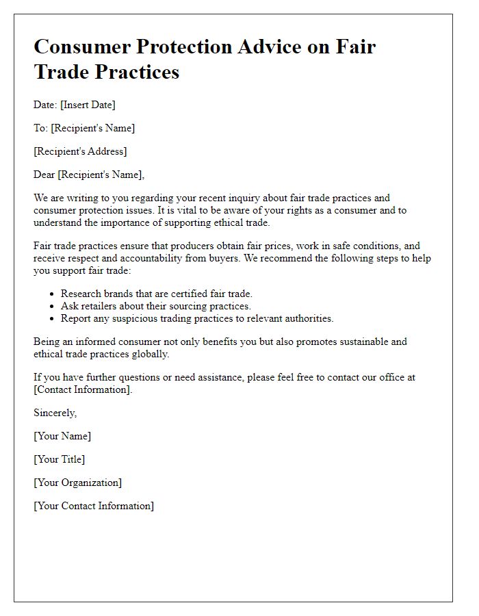 Letter template of consumer protection advice on fair trade practices