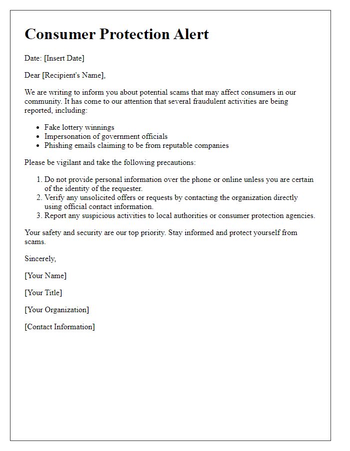 Letter template of consumer protection alert for potential scams