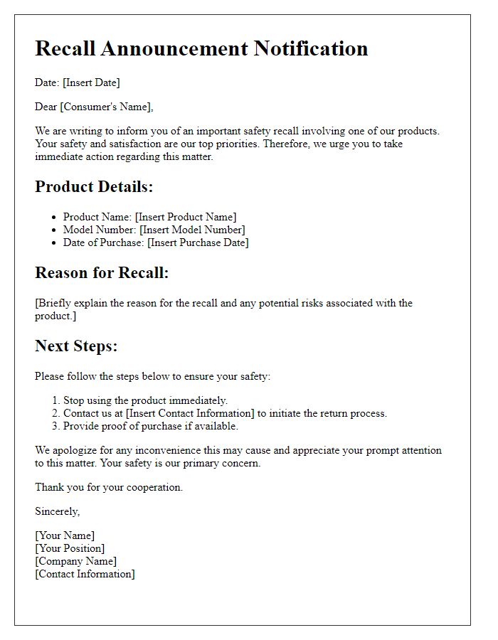 Letter template of consumer protection communication for recall announcements