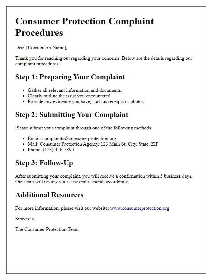 Letter template of consumer protection details for complaint procedures