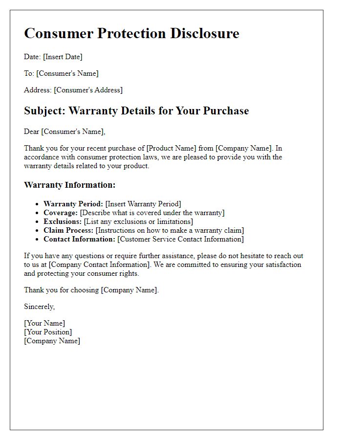 Letter template of consumer protection disclosure for warranty details