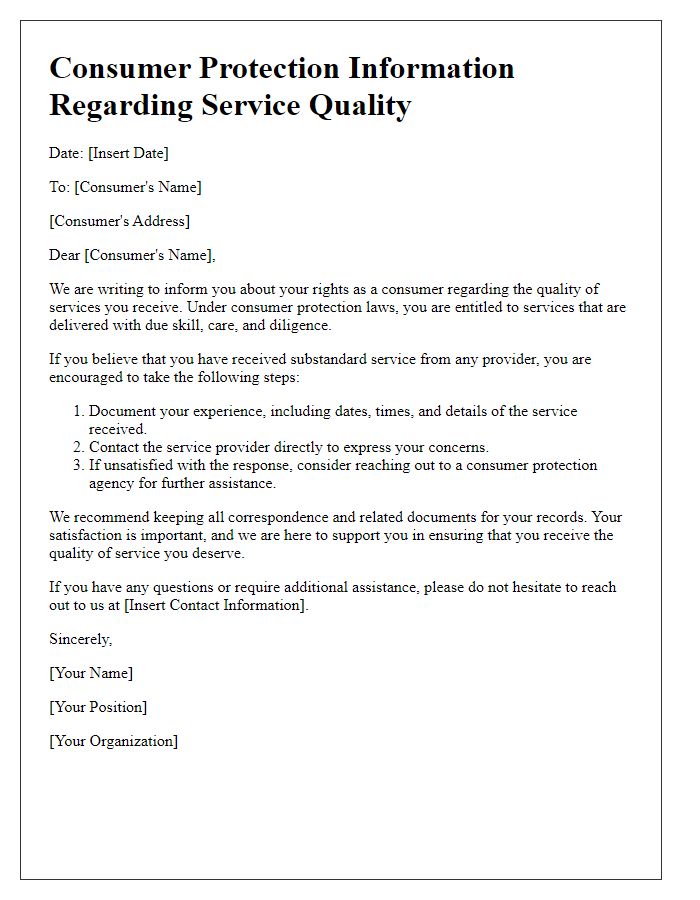 Letter template of consumer protection information regarding service quality