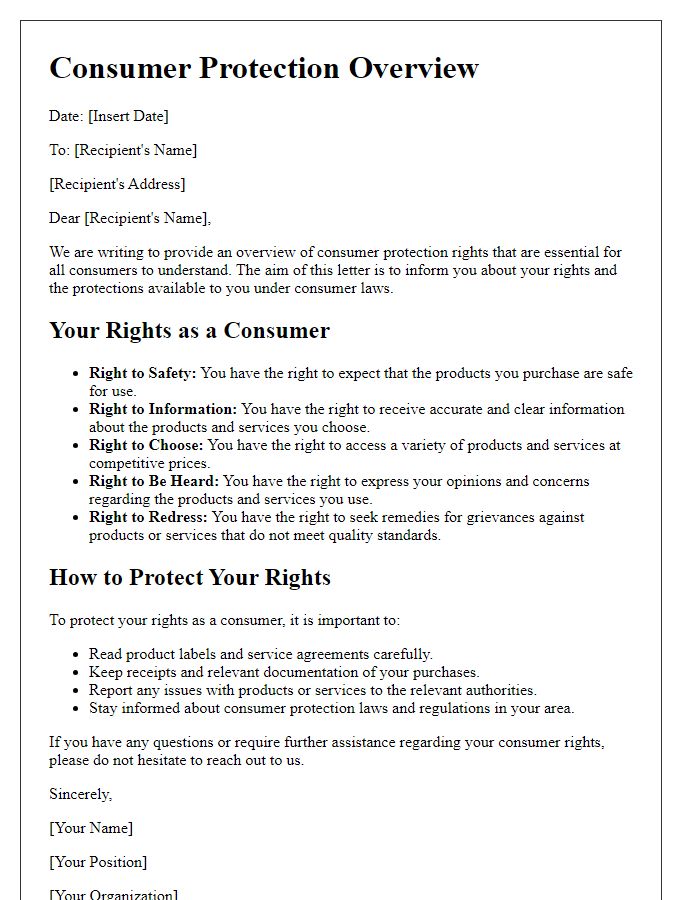 Letter template of consumer protection overview for consumer rights