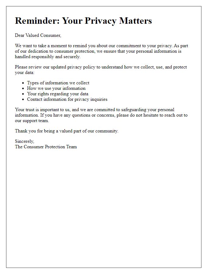 Letter template of consumer protection reminder about privacy policies