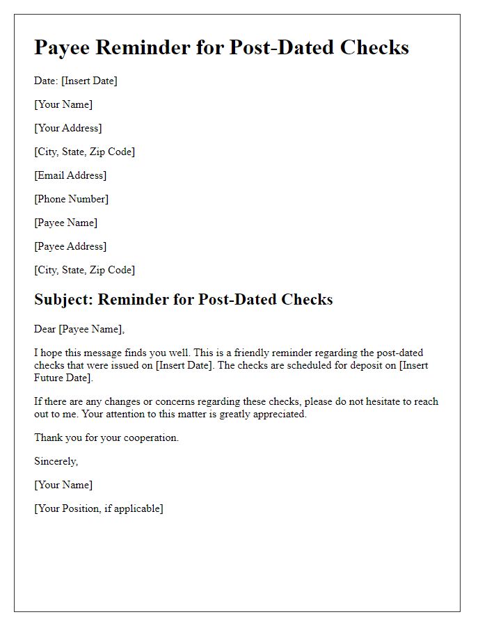 Letter template of payee reminder for post-dated checks