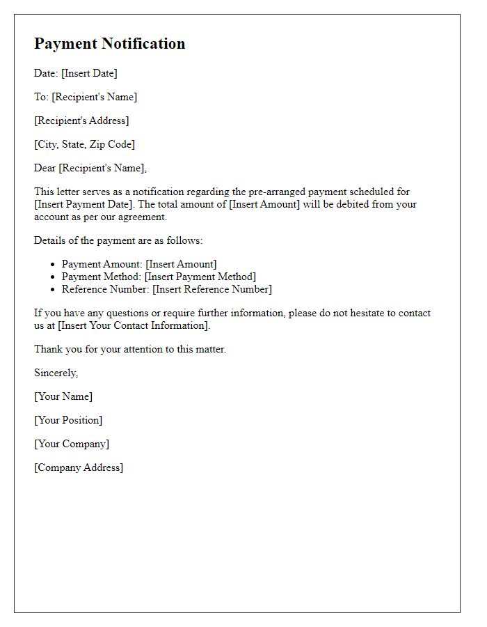 Letter template of pre-arranged payment notification