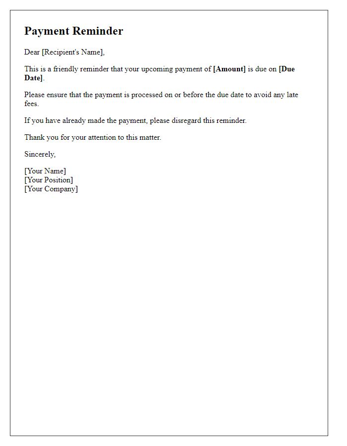 Letter template of upcoming payment reminder