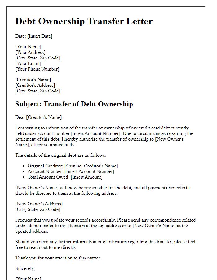 Letter template of debt ownership transfer for credit card debt settlement.