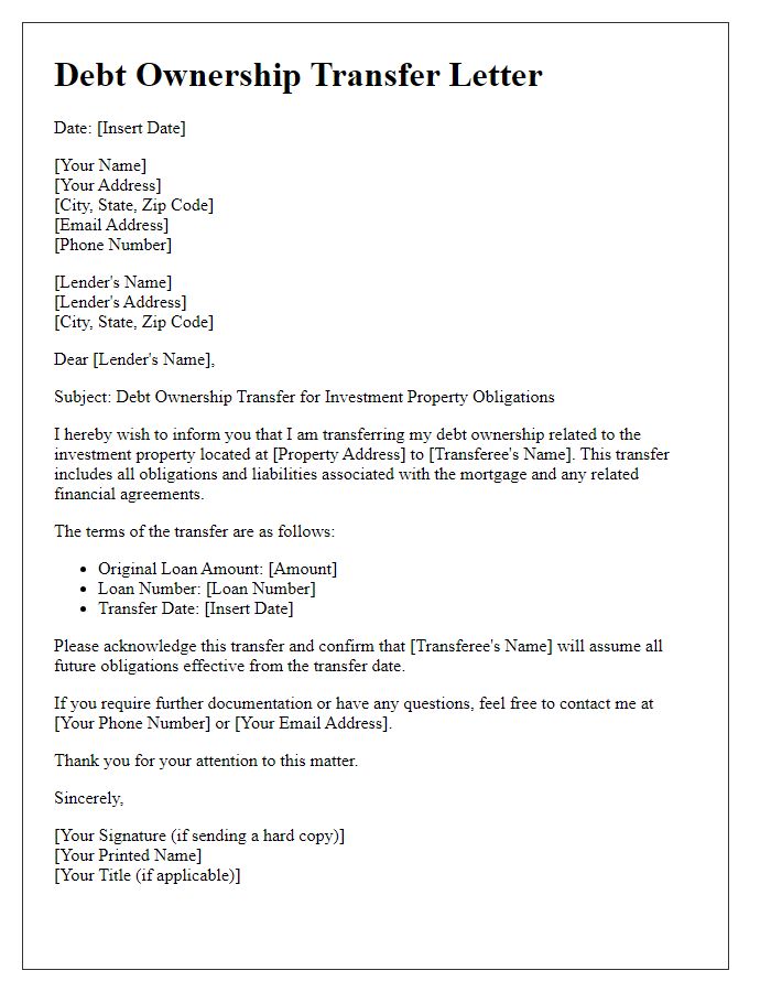 Letter template of debt ownership transfer for investment property obligations.