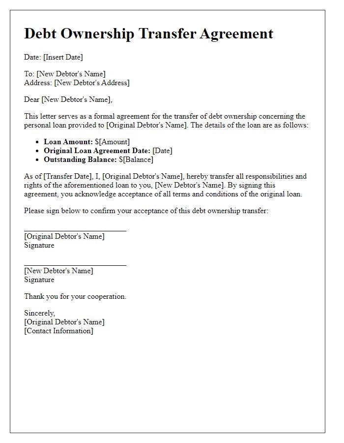 Letter template of debt ownership transfer for personal loan agreement.