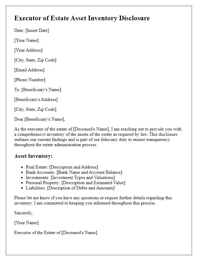 Letter template of executor of estate asset inventory disclosure