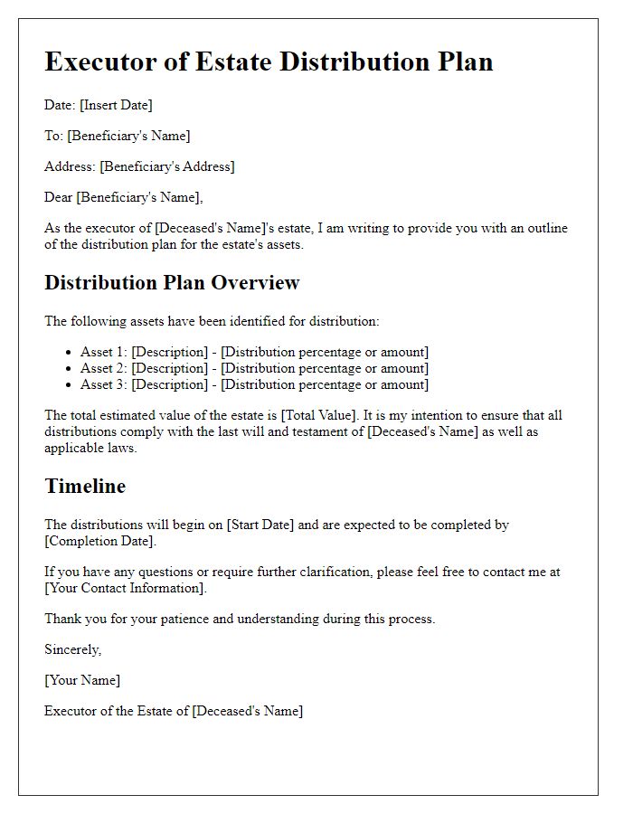 Letter template of executor of estate distribution plan