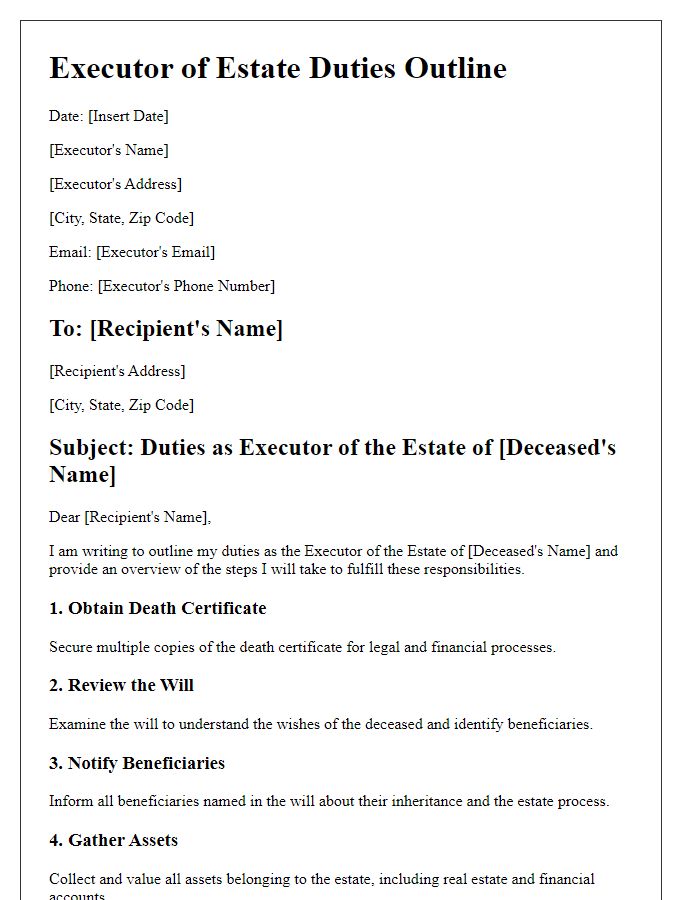 Letter template of executor of estate duties outline