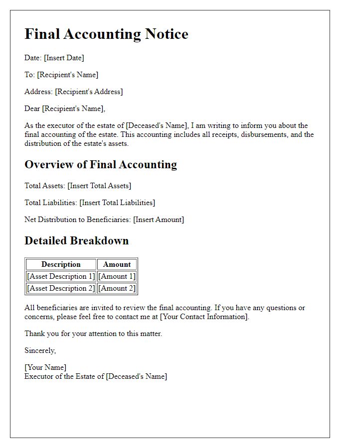 Letter template of executor of estate final accounting notice