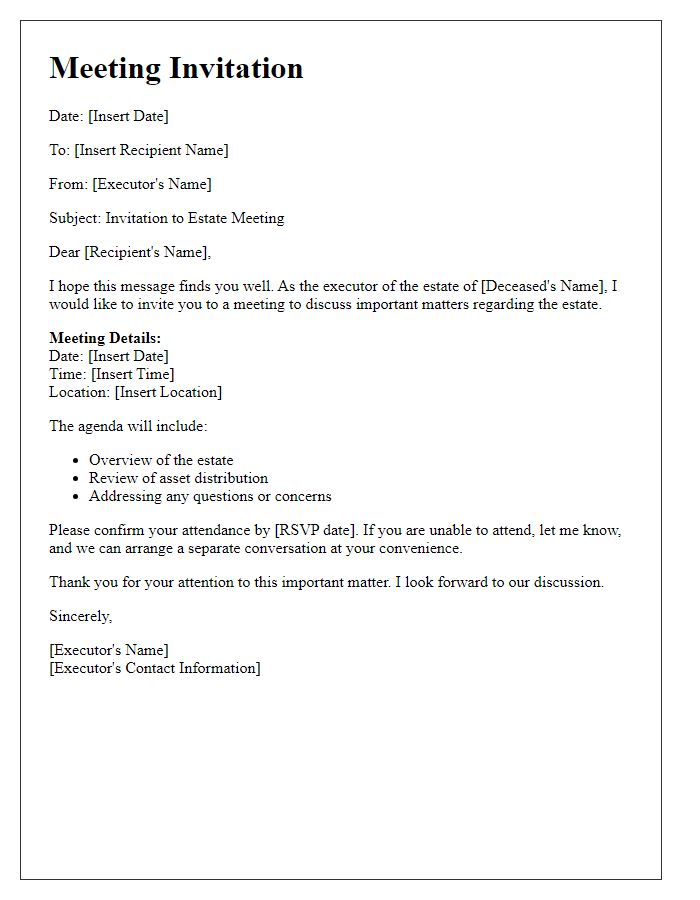 Letter template of executor of estate meeting invitation