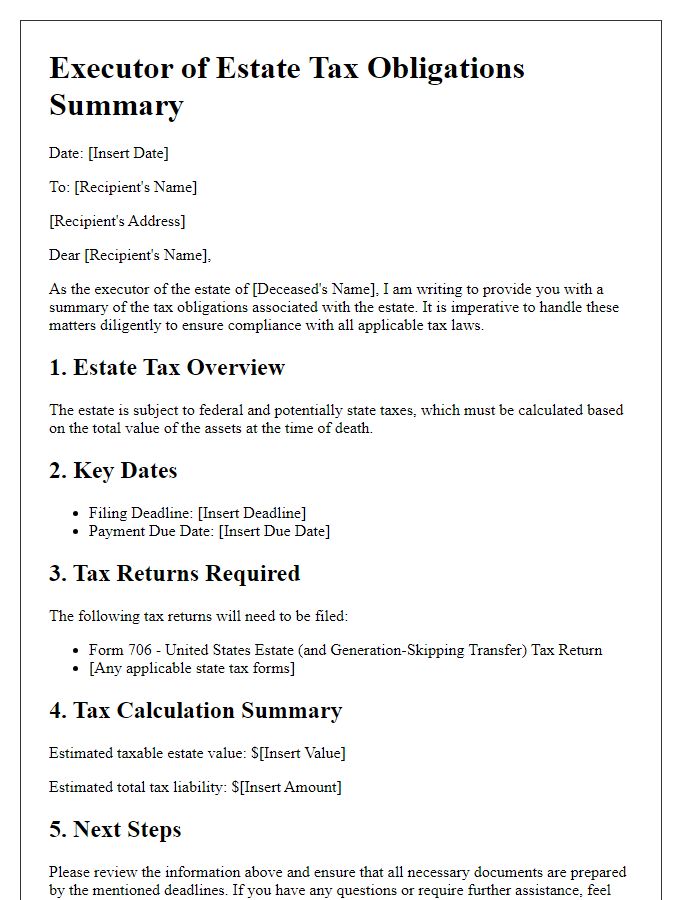 Letter template of executor of estate tax obligations summary