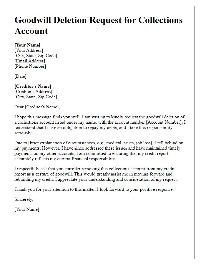 Letter template of goodwill deletion request for collections account