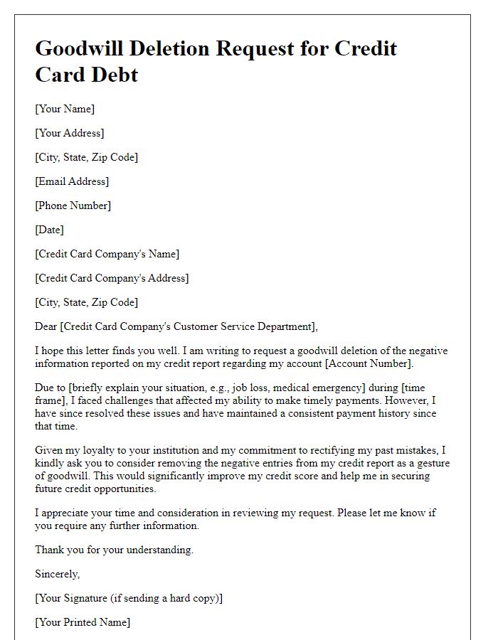 Letter template of goodwill deletion request for credit card debt