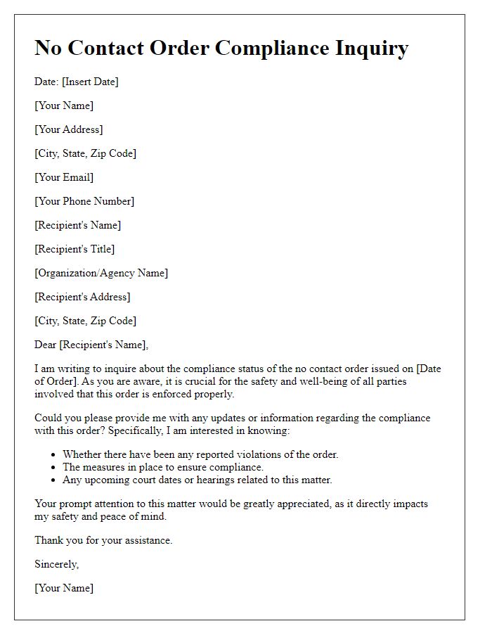 Letter template of no contact order compliance inquiry