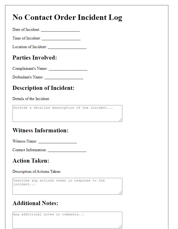 Letter template of no contact order incident log