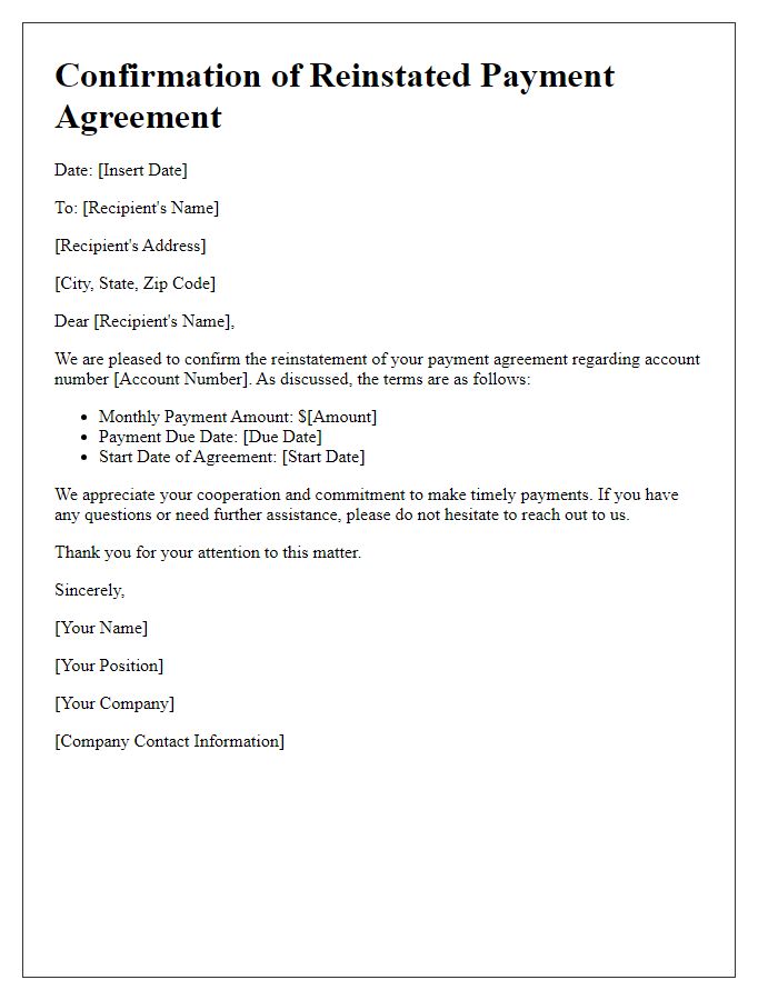 Letter template of confirming reinstated payment agreement