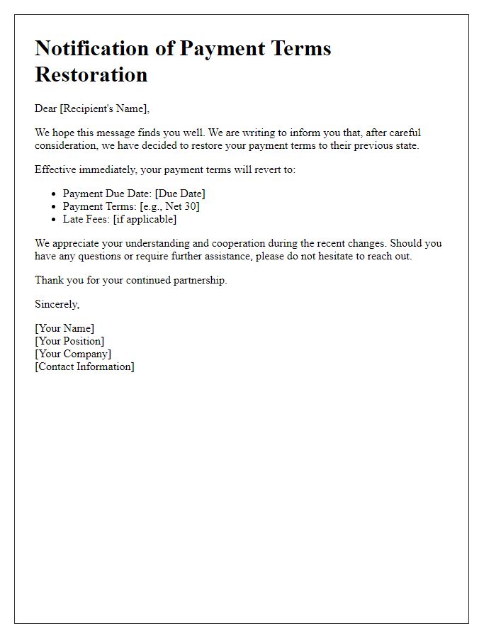 Letter template of notification for payment terms restoration