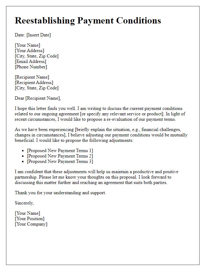 Letter template of reestablishing payment conditions