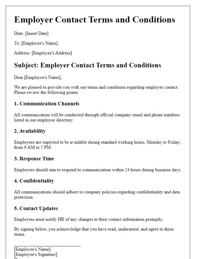 Letter template of employer contact terms and conditions