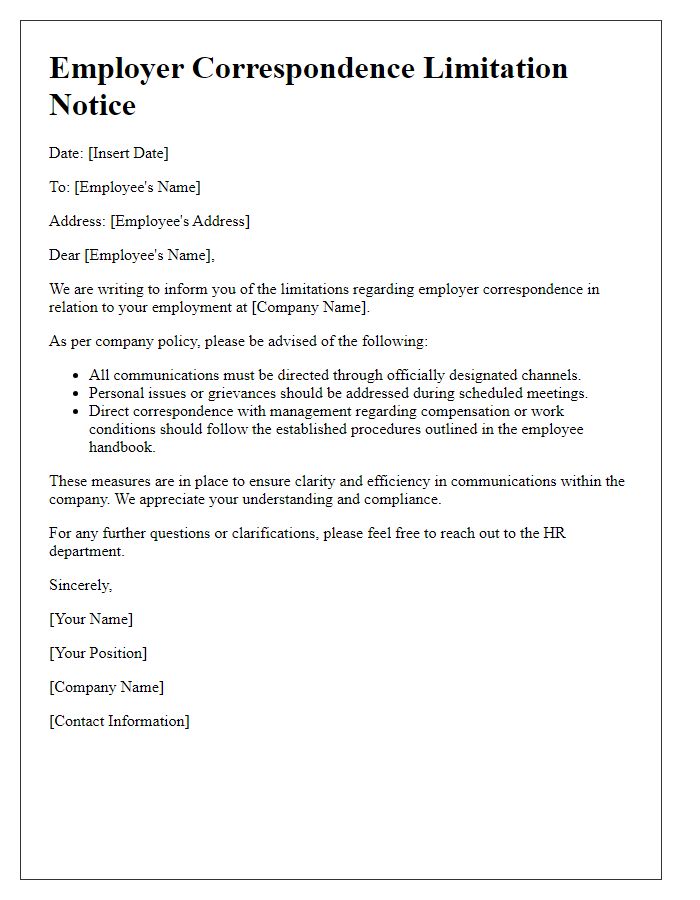 Letter template of employer correspondence limitation