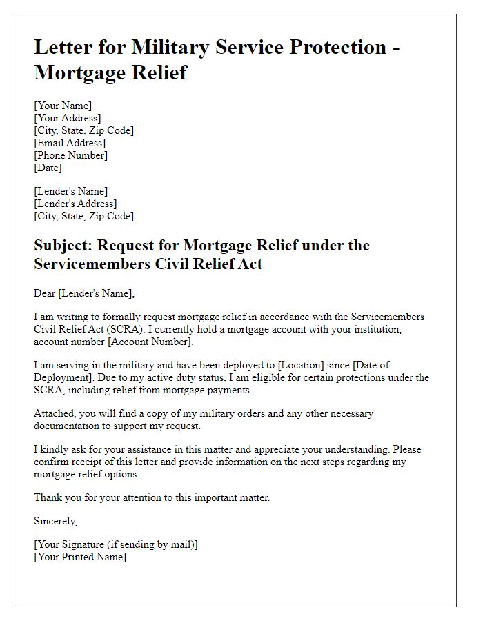 Letter template of military service protection for mortgage relief.