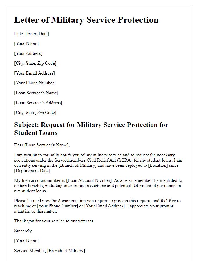 Letter template of military service protection for student loans.