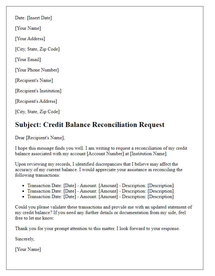 Letter template of credit balance reconciliation