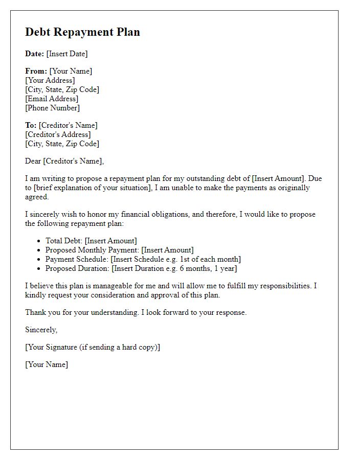 Letter template of debt repayment plan