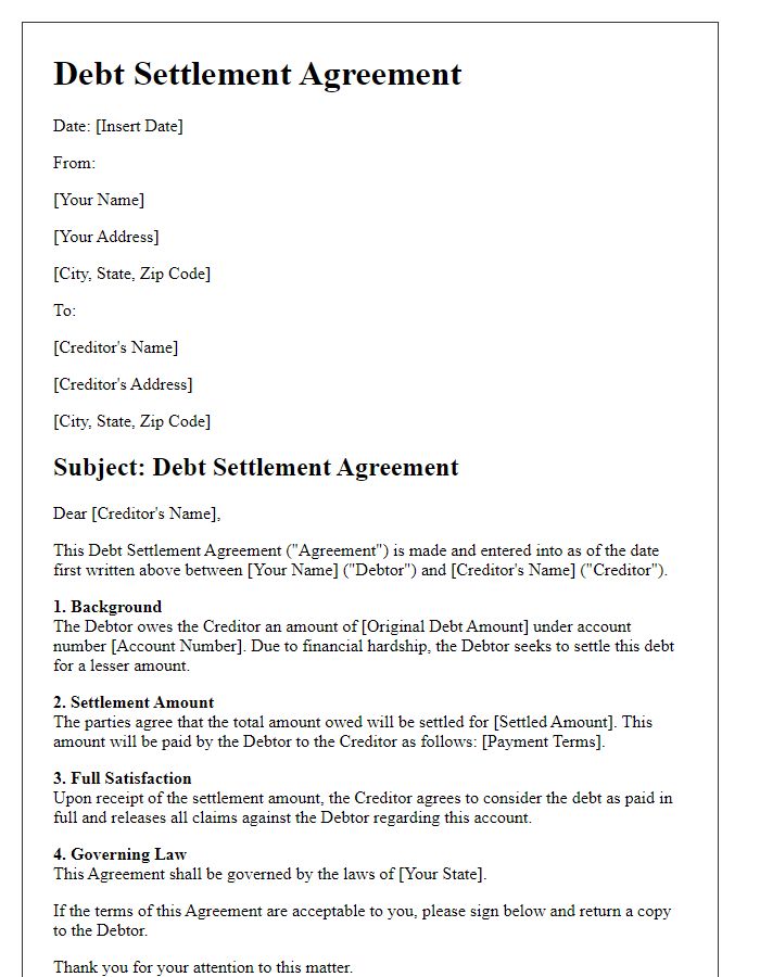 Letter template of debt settlement agreement