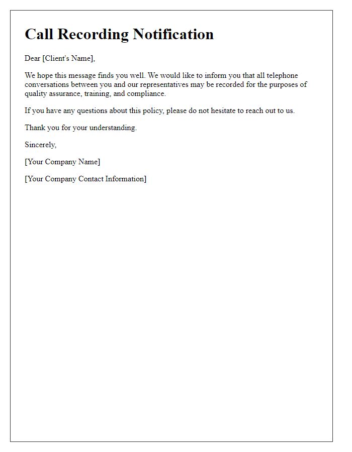 Letter template of call recording information for clients