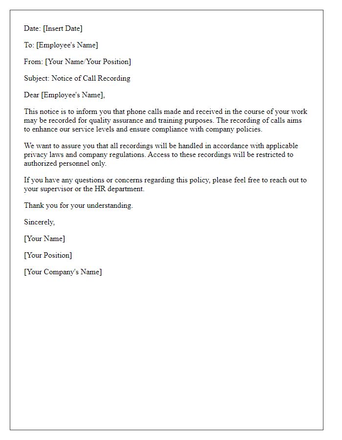 Letter template of employee call recording notice