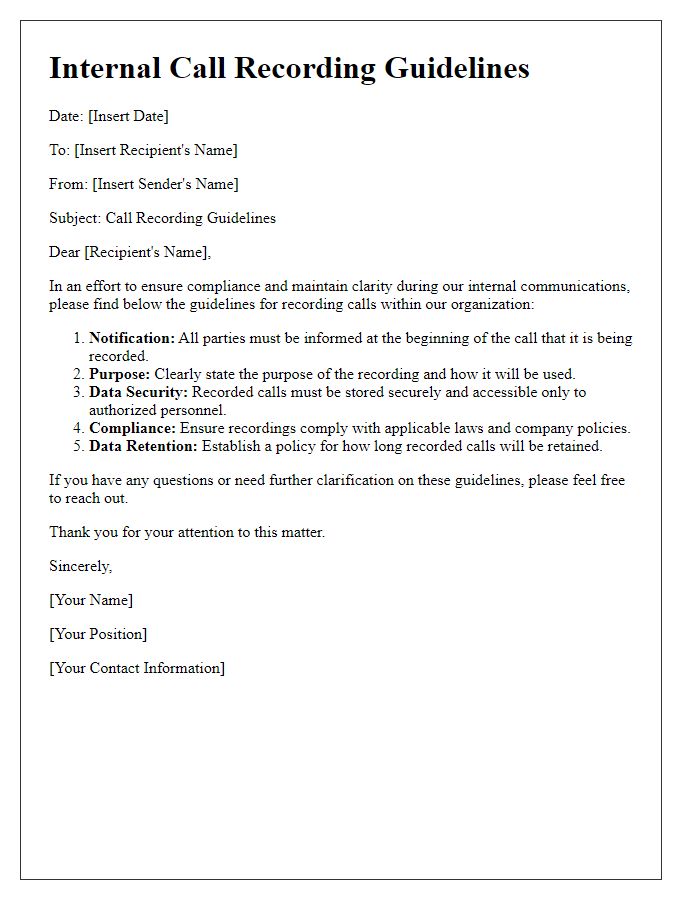 Letter template of internal call recording guidelines