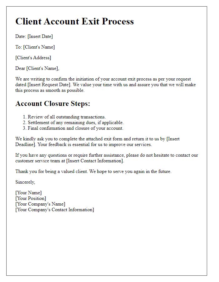 Letter template of client account exit process