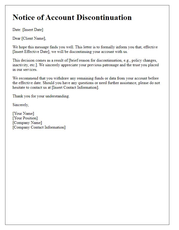 Letter template of discontinuation of client account