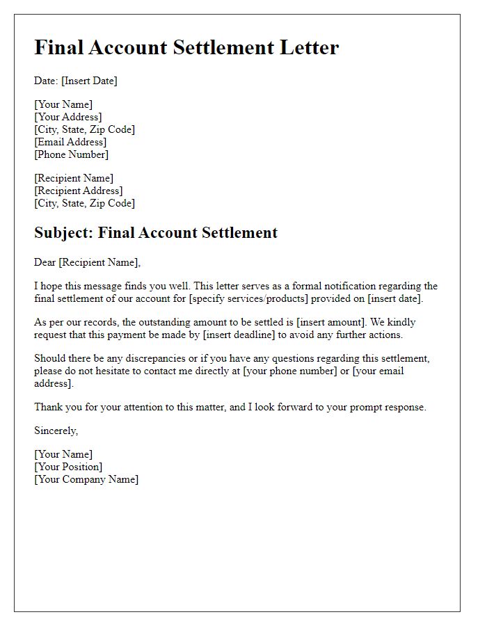 Letter template of final account settlement