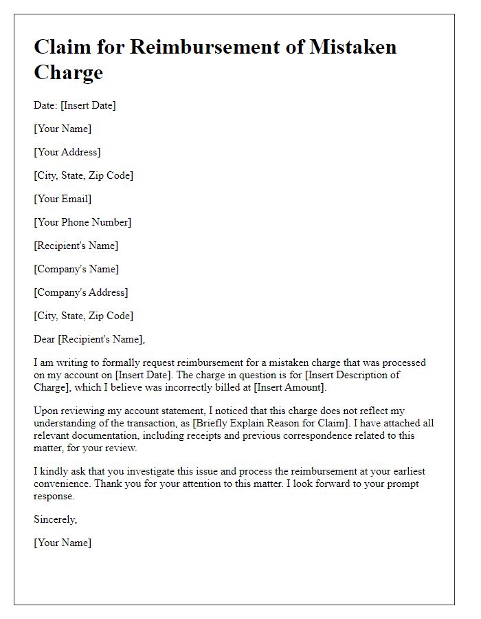 Letter template of claim for reimbursement of mistaken charge