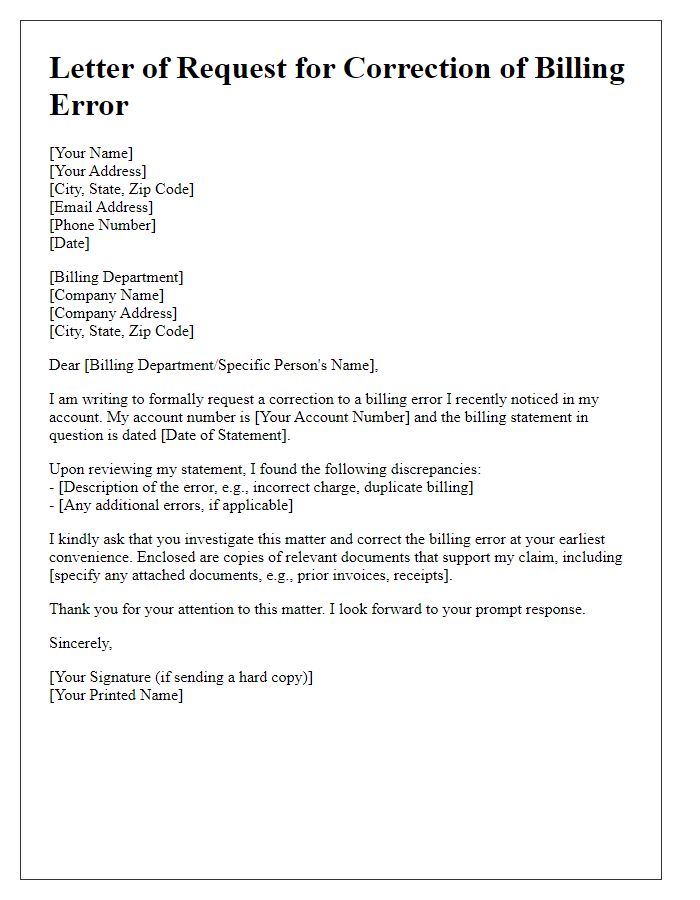 Letter template of request for correction of billing error