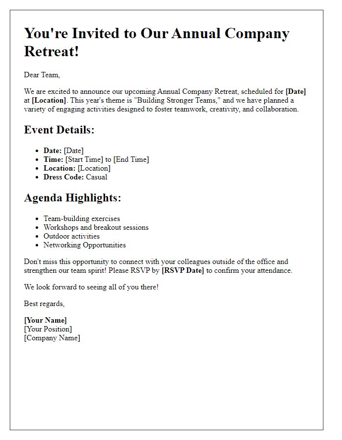 Letter template of team building event invitation for annual company retreat.