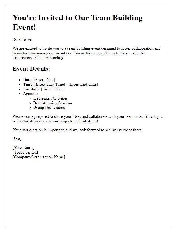 Letter template of team building event invitation for brainstorming sessions.